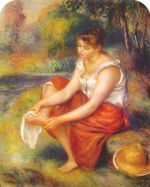 Girl wiping her feet 1890